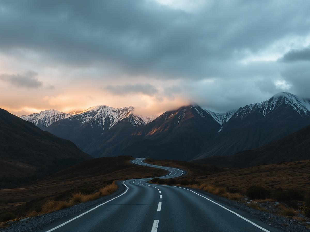 Winding New Zealand mountain road at dusk