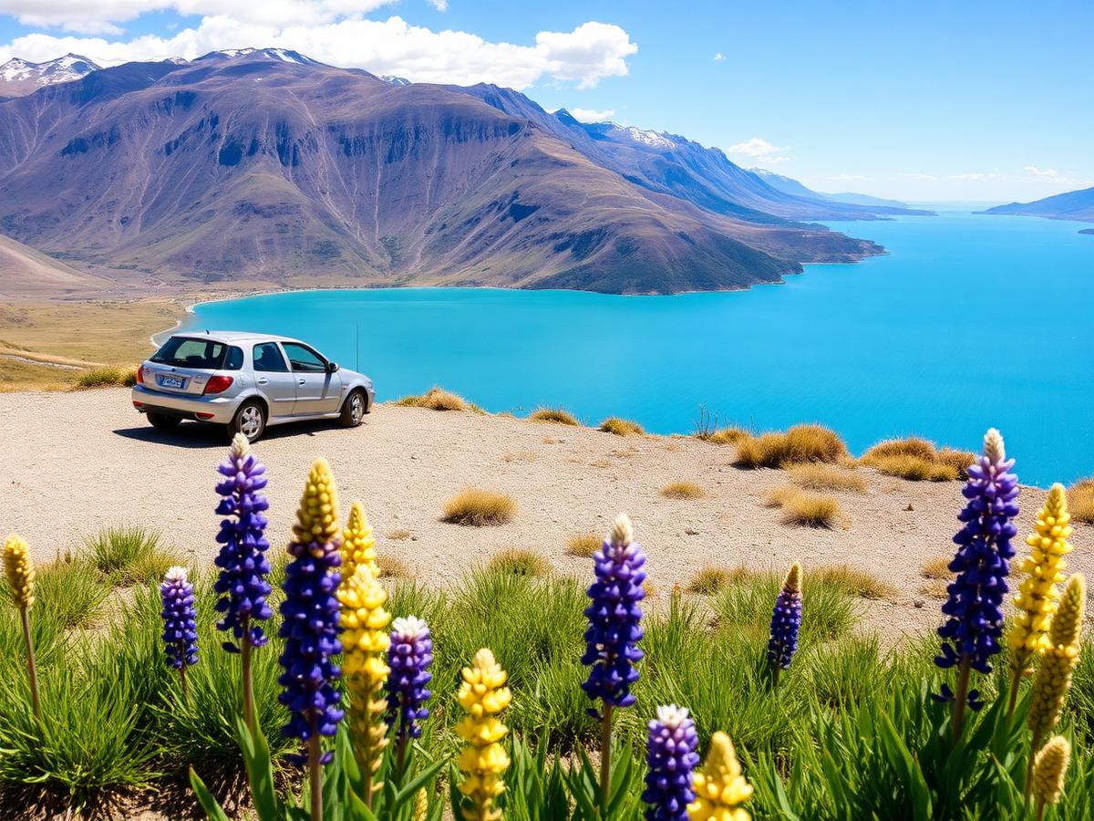 A rental car parked above Lake Tekapo