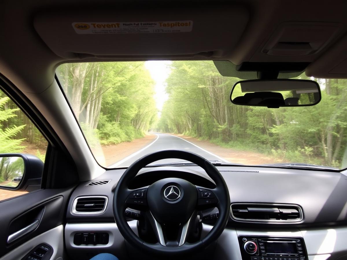 Dashboard view of a rental car on a forest road