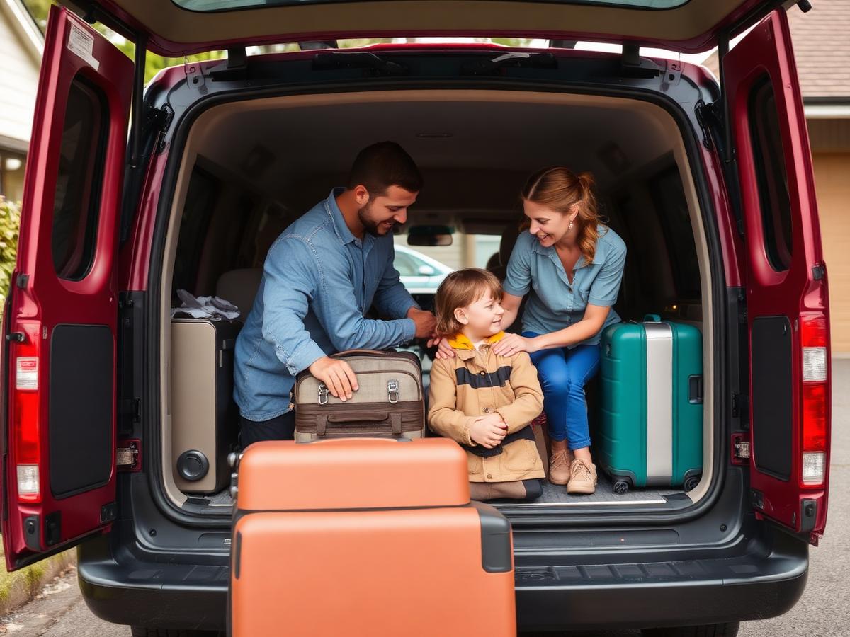 Family loading luggage into a people mover